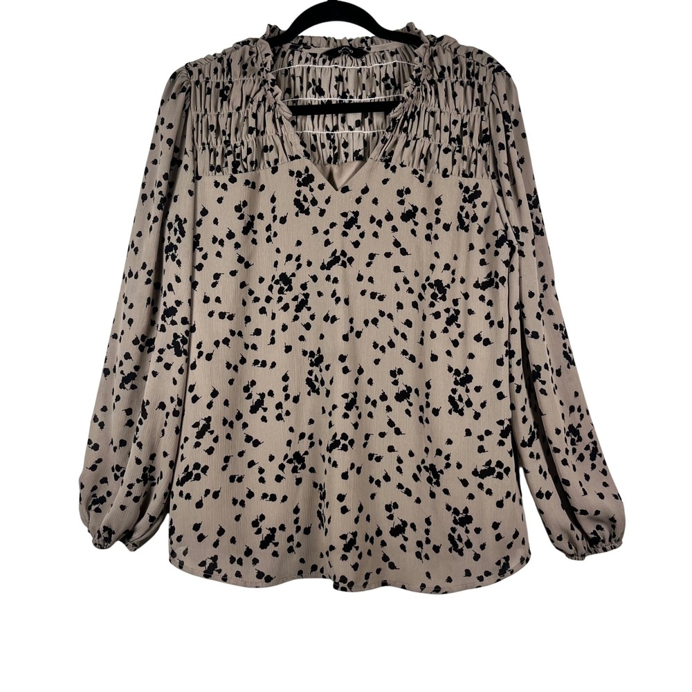 Dokotoo Blouse Tan Black Smocked V-Neck Long Sleeve Petal Print Top Size M